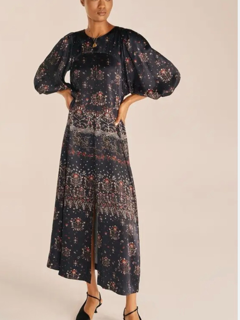 Rebecca Taylor Navy Floral Maxi Dress with Puff Sleeves